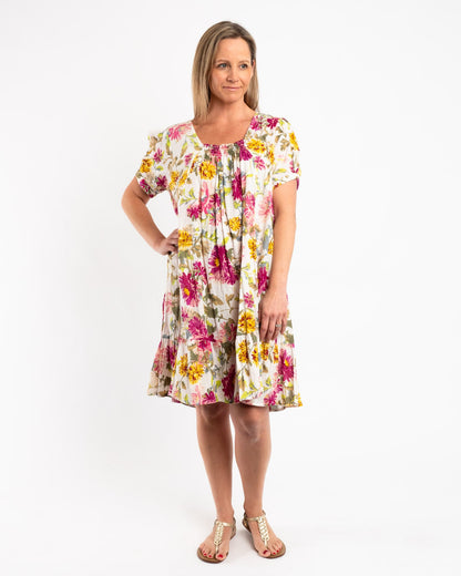 Cap Sleeve Summer Dress in Fuchsia Lime Garden