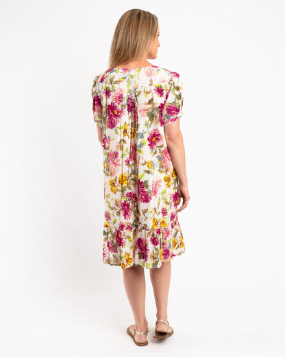 Cap Sleeve Summer Dress in Fuchsia Lime Garden