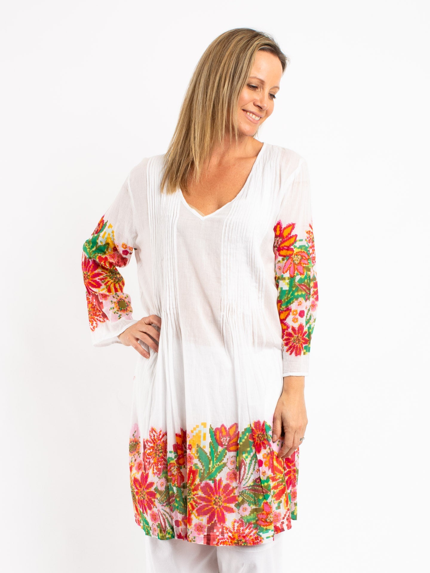Pleated Dress Length Kurta in Pixelated Floral