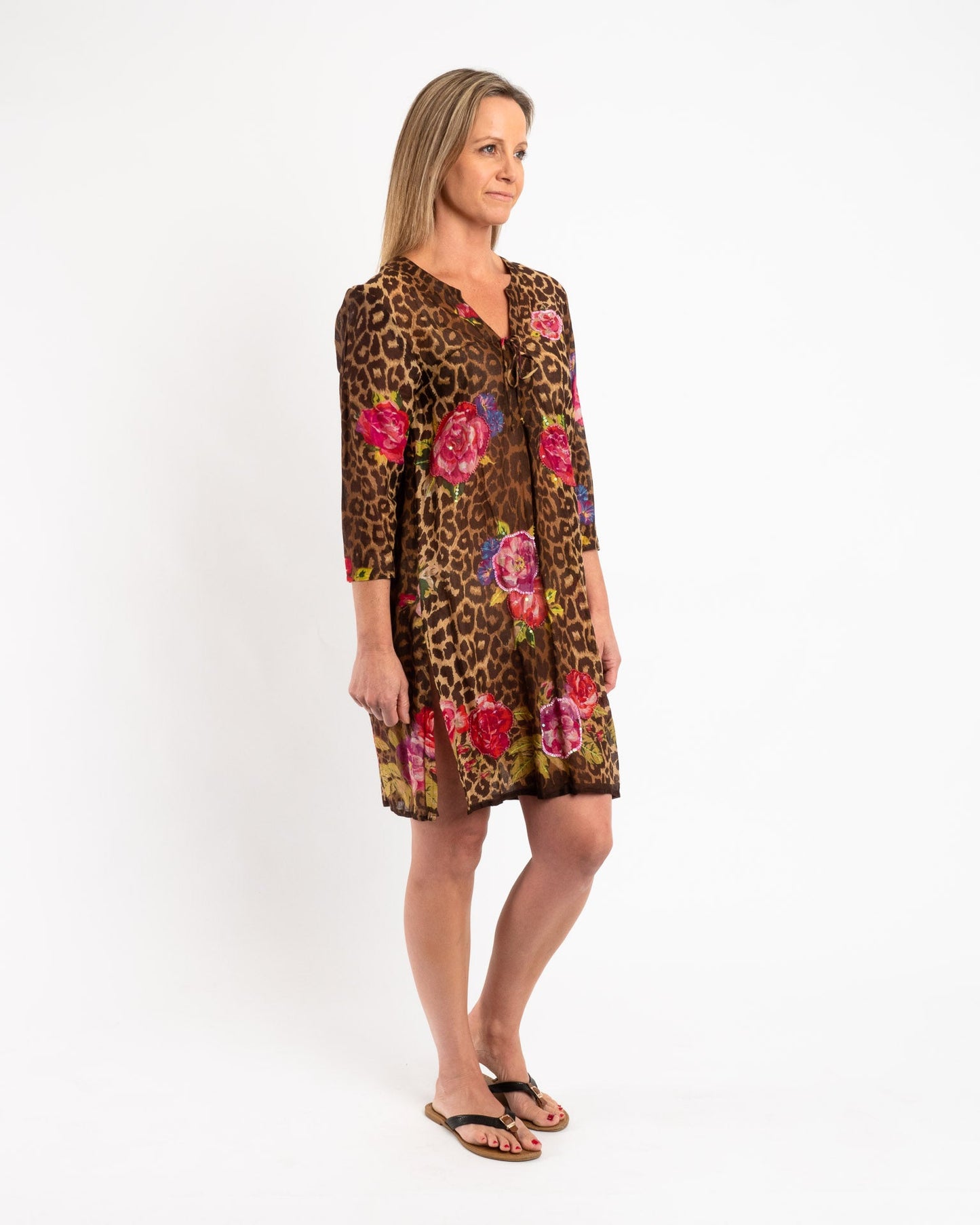 Beaded Long Top with Tie in Floral Tiger