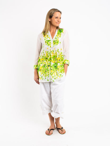 Pleated Top in Lime Yellow Poppies