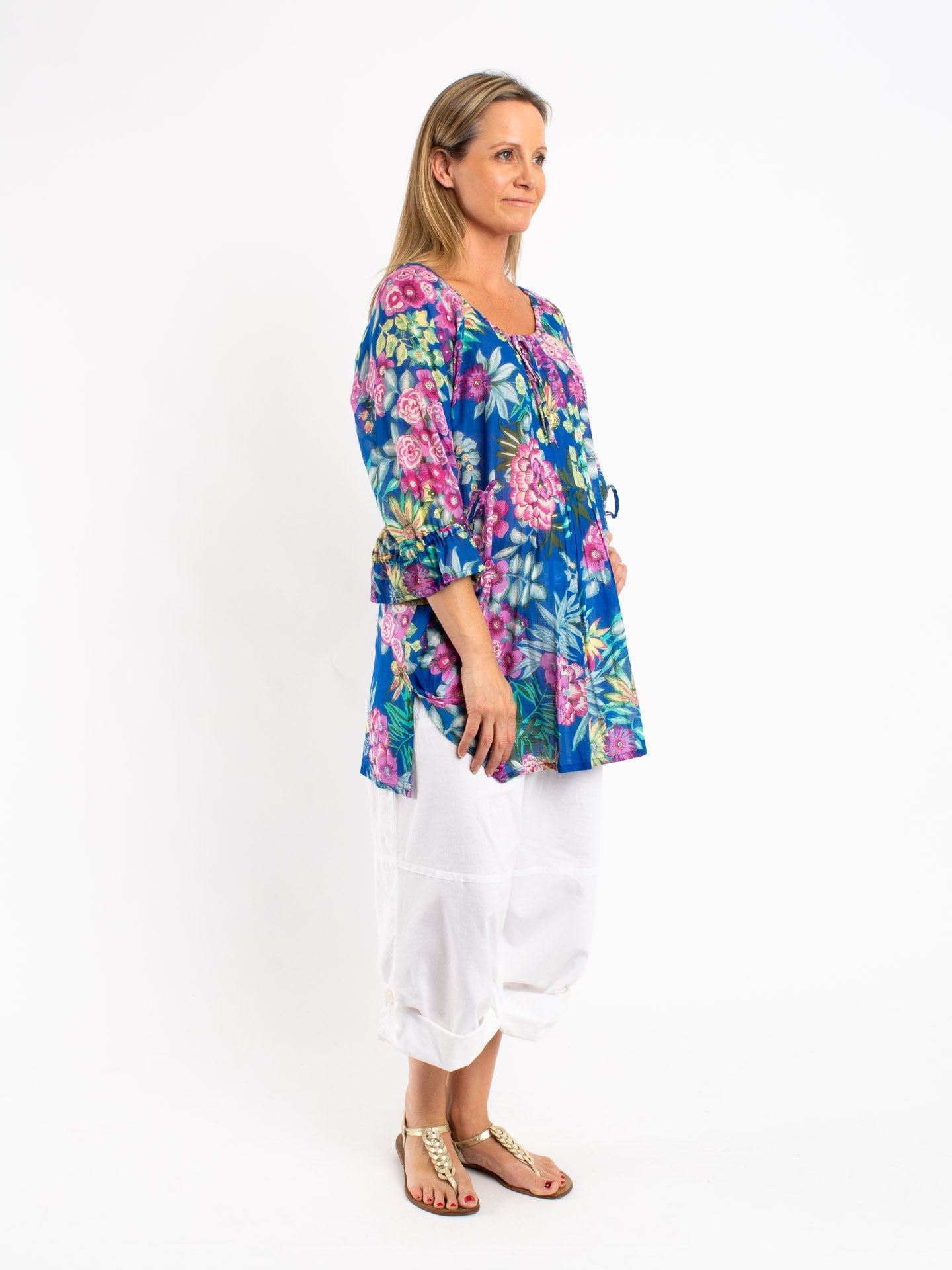 Pleated Round Neck Top in Blue Floral