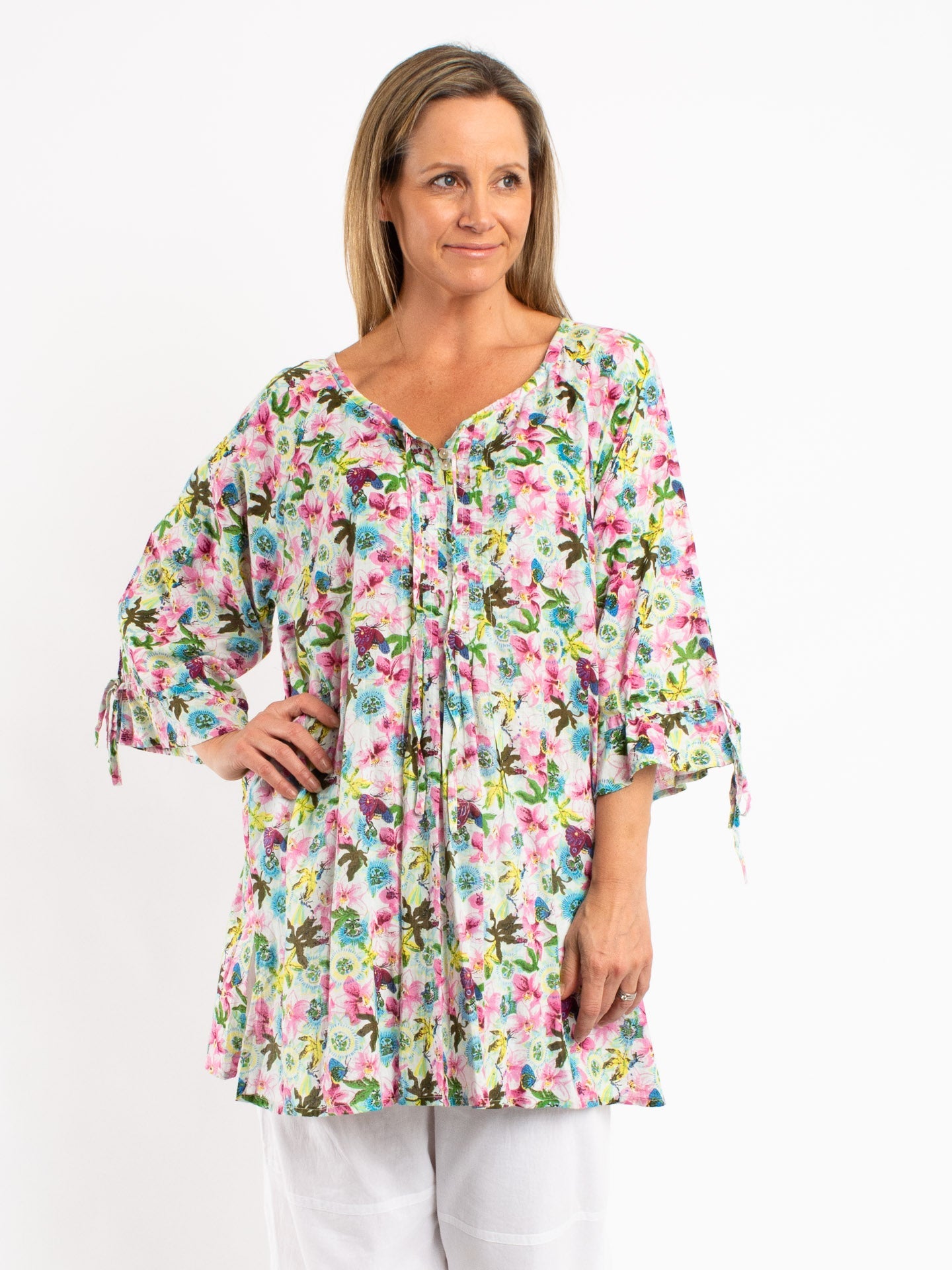 Pleated Round Neck Tie Top in Green Pink Garden