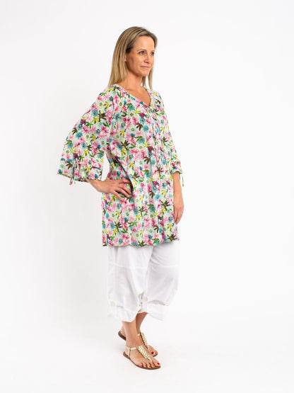 Pleated Round Neck Tie Top in Green Pink Garden