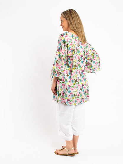 Pleated Round Neck Tie Top in Green Pink Garden