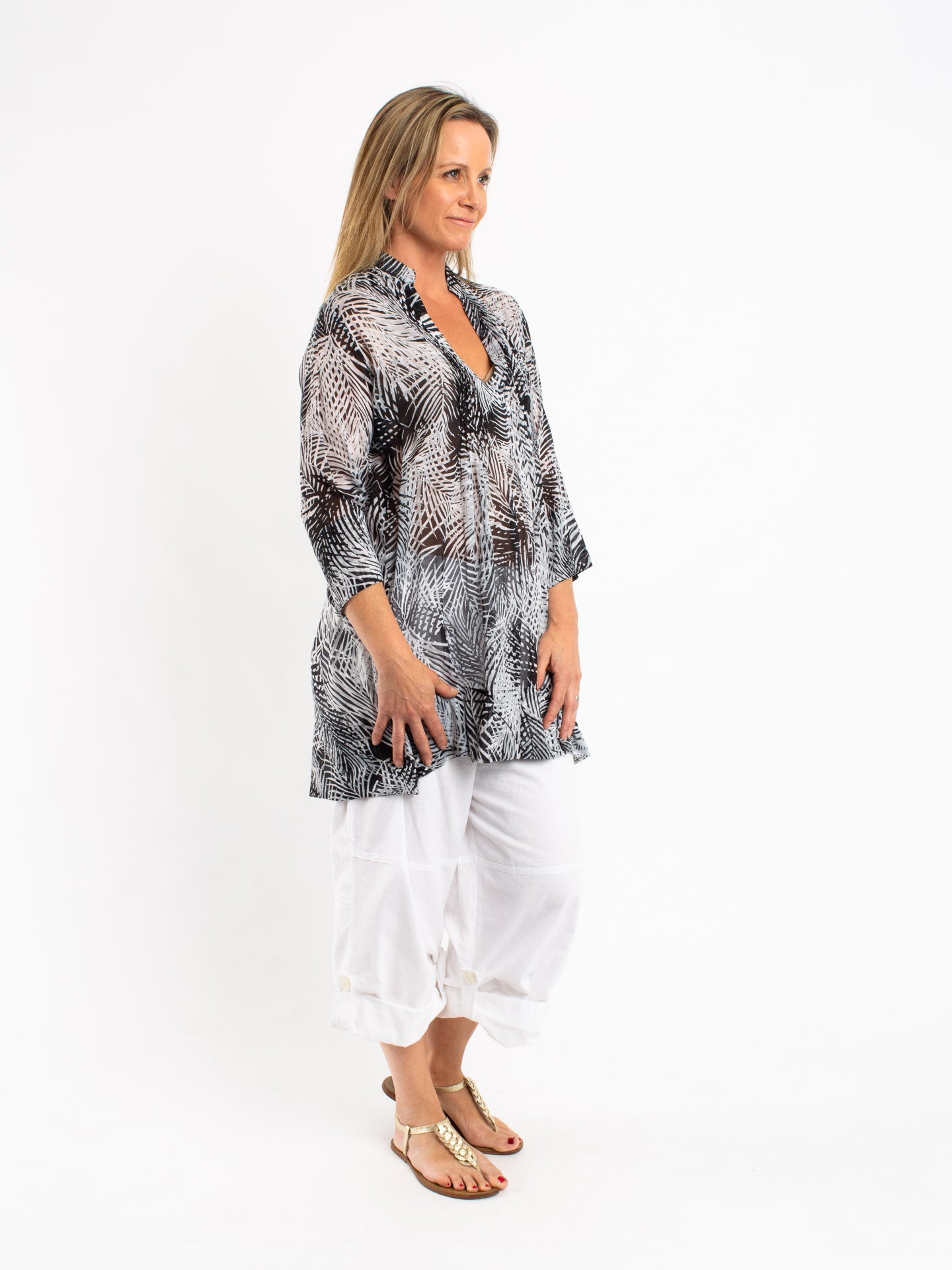 Pleated Long Top in Black Leaf