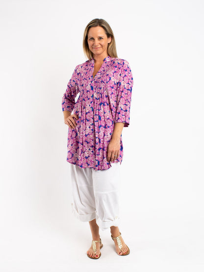 Long Pleated Shirt in Pink and Blue Floral