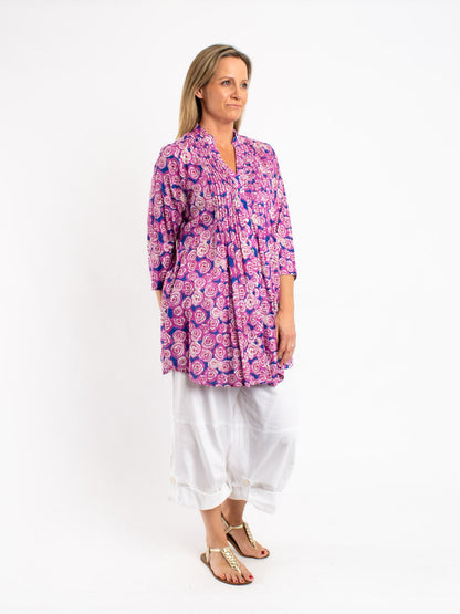 Long Pleated Shirt in Pink and Blue Floral