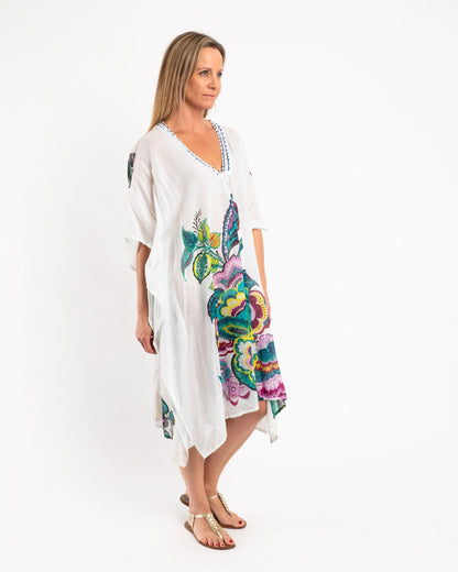 Beaded Flowing Kaftan in White Floral