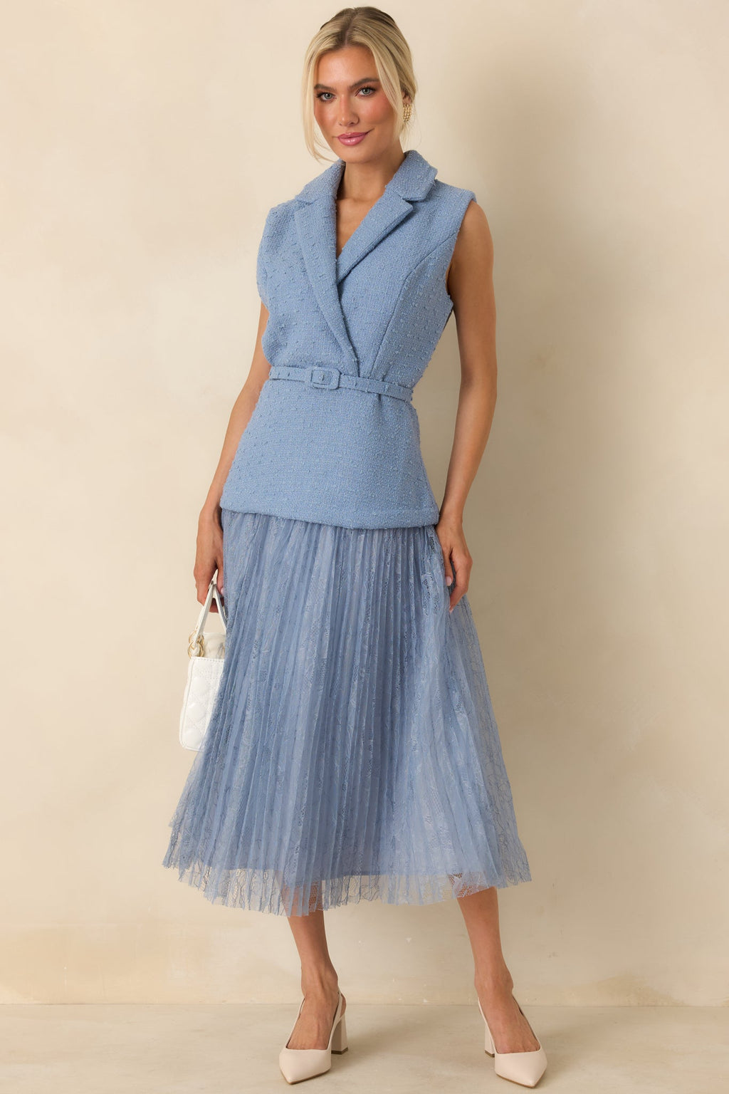 Caught You Smiling Cornflower Blue Textured Woven Belted Lace Midi Dress