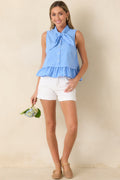 Charm School Blue Cotton Sleeveless Tie Neck Top