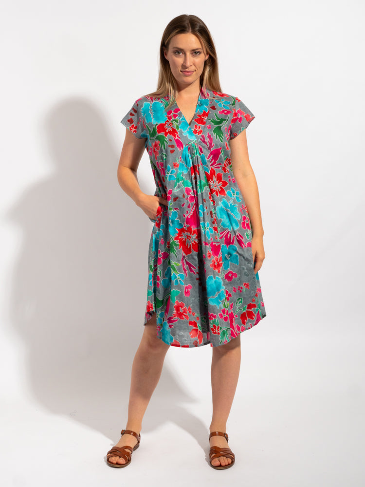 Cabarita Dress in Grey Red Floral