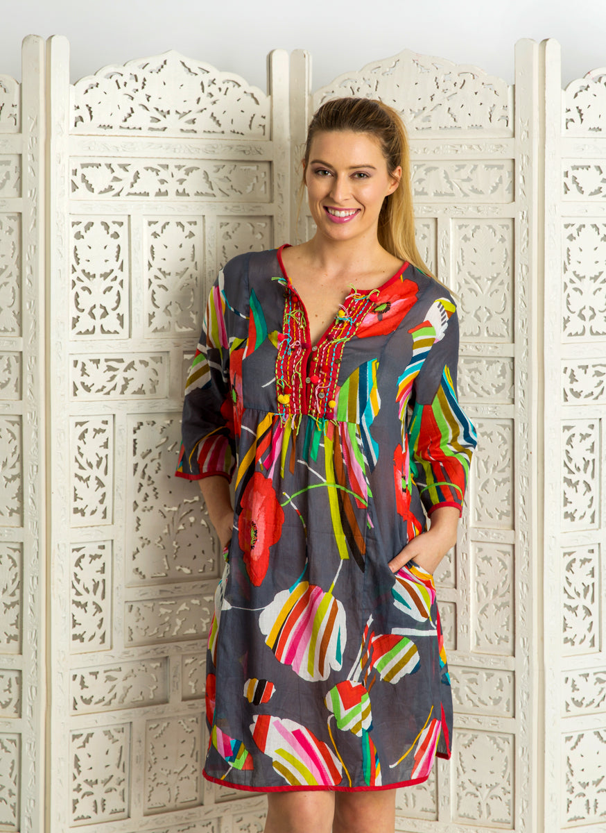 Bangalow Boho Dress in Grey Poppies