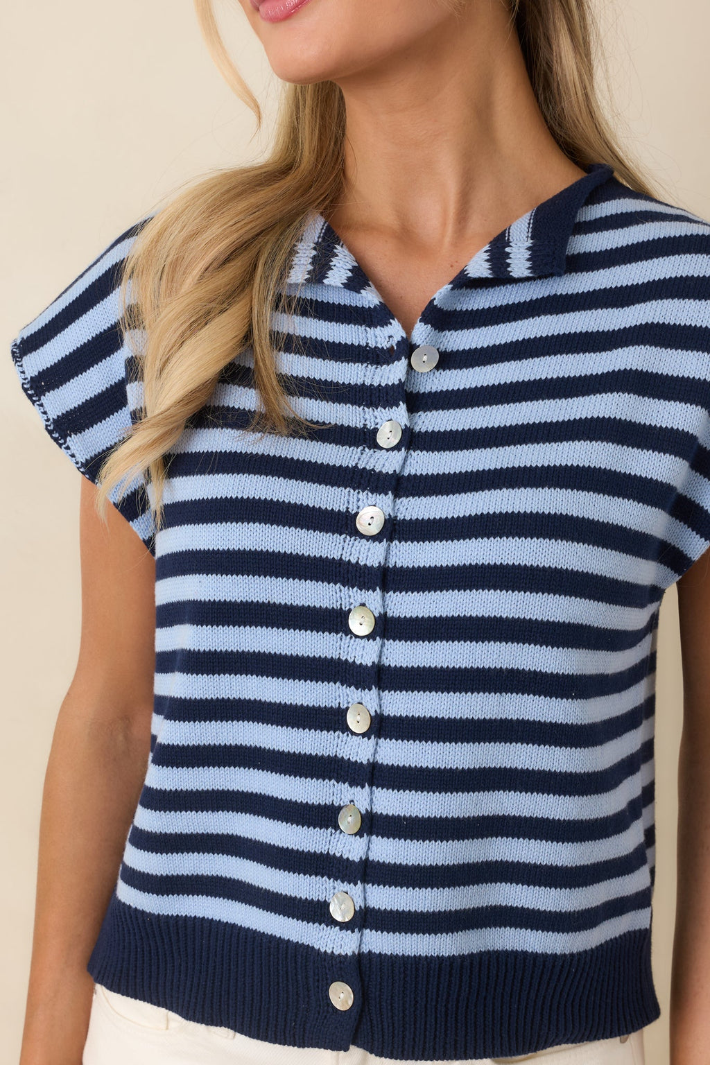 It All Lines Up Navy & Light Blue Stripe Knit Button Front Top