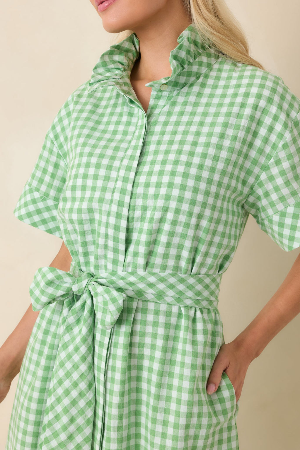 Check Me Out Green Gingham Ruffle Collar Belted Maxi Dress