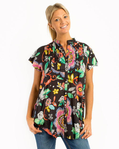Magnetic Cap Sleeve Shirt in Black Pink Garden