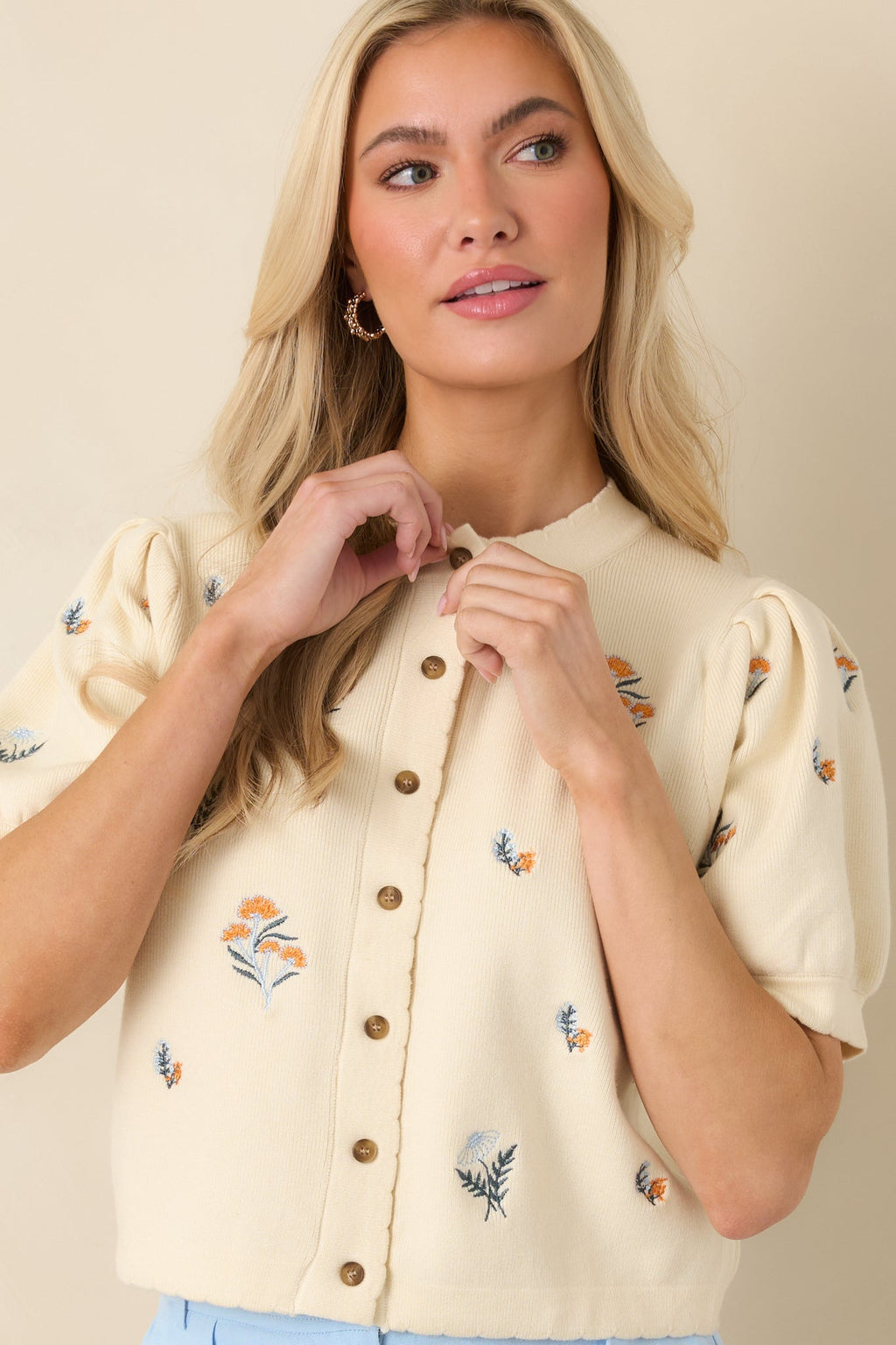 Reason to Stay Ivory Multi Floral Knit Button Front Top