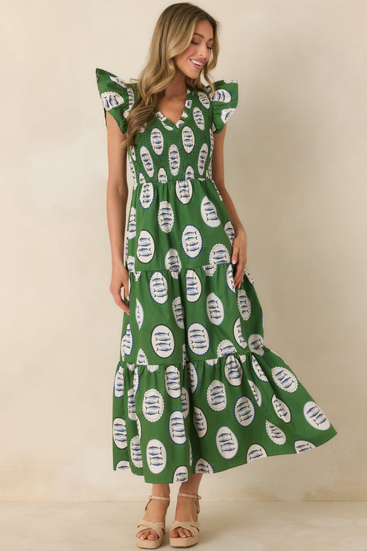 Where the Sun Goes Green Multi Cotton Fish Pattern Maxi Dress