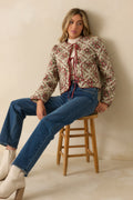 Winter Rose Ivory Multi Floral Pattern Tie Front Quilted Jacket