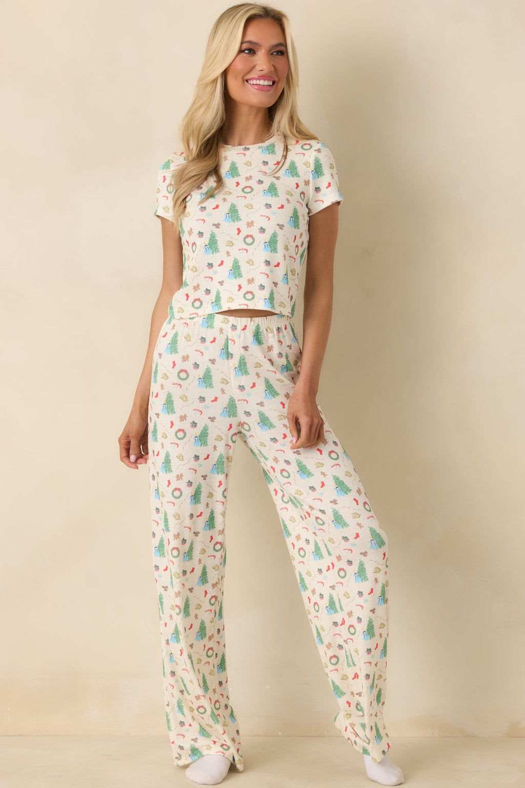 Holiday Morning Ivory Multi Christmas Print Short Sleeve Pajama Top