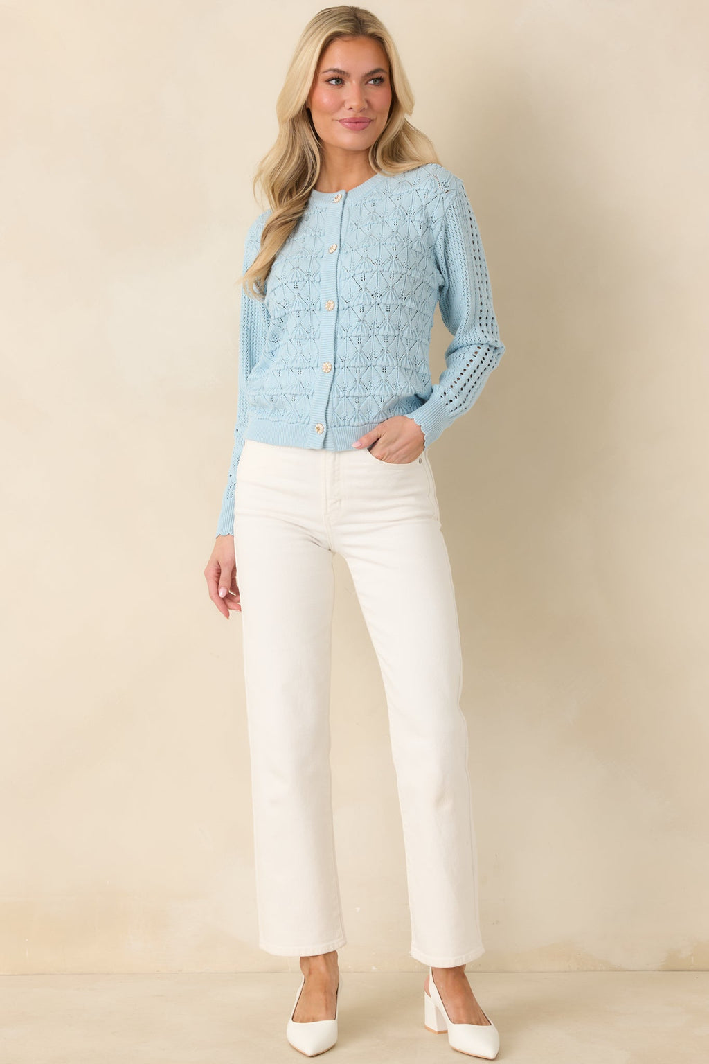 Ever So Classic Light Blue Pointelle Knit Button Front Cardigan