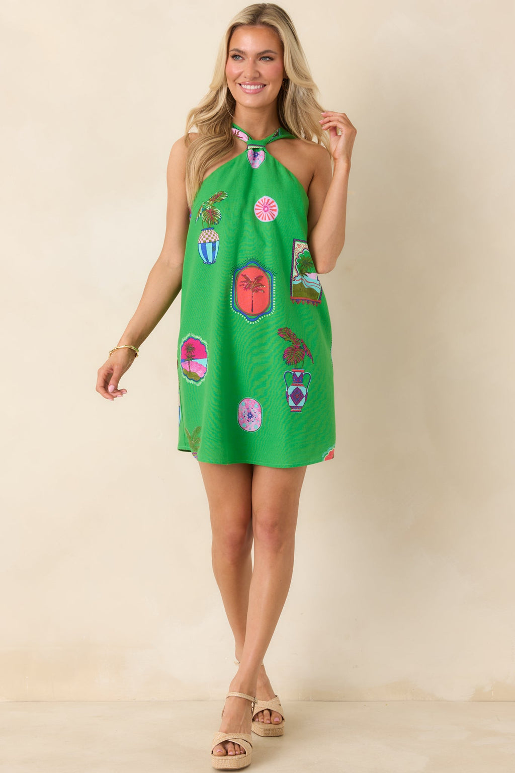 Catching Waves Green Multi Tropical Print Tie-Back Halter Mini Dress