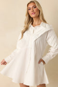 All The Angles White Cotton Pleated Detail Long Sleeve Button-Up Mini Dress