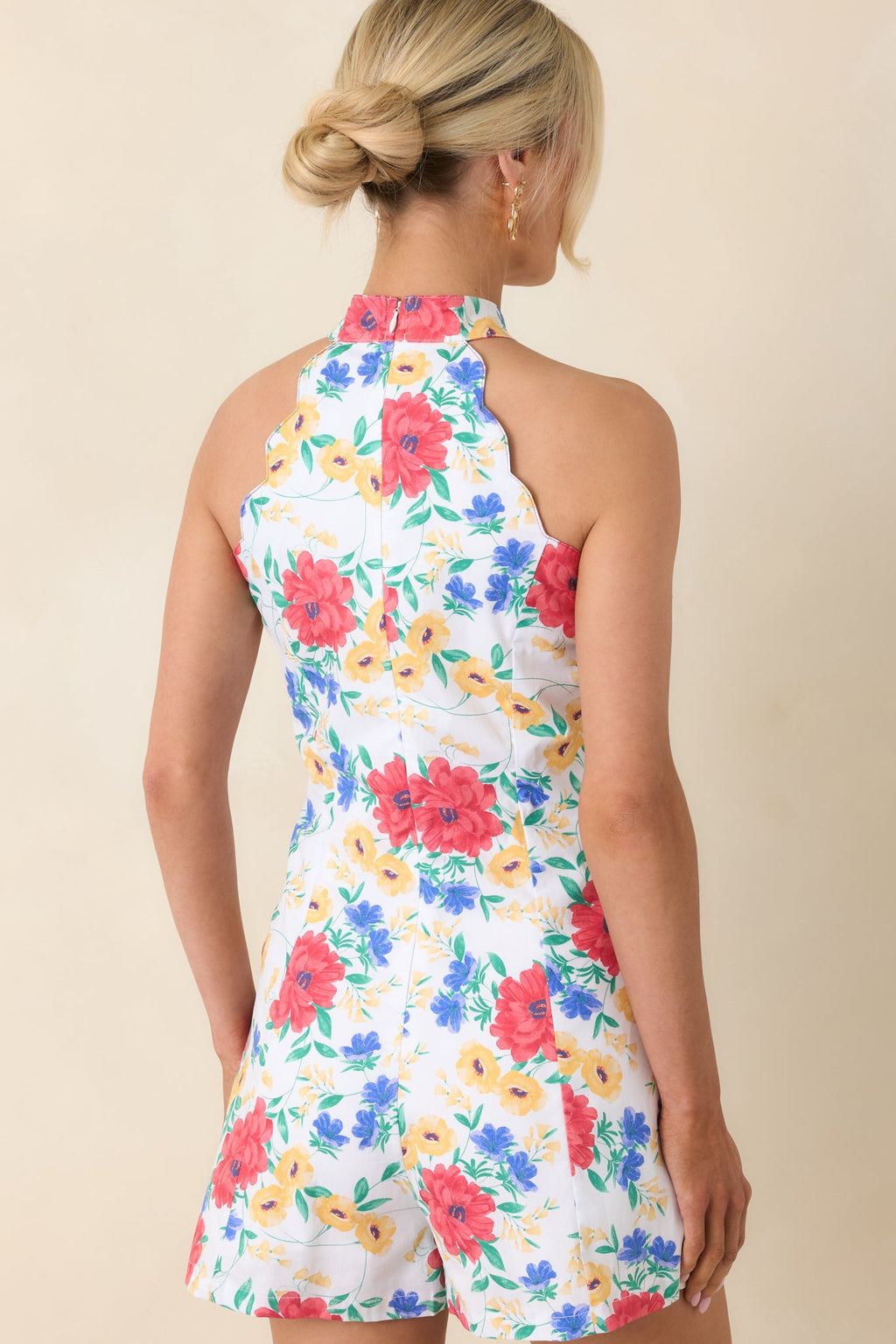Just Too Cute Ivory Multi Floral Cotton Scallop Halter Romper