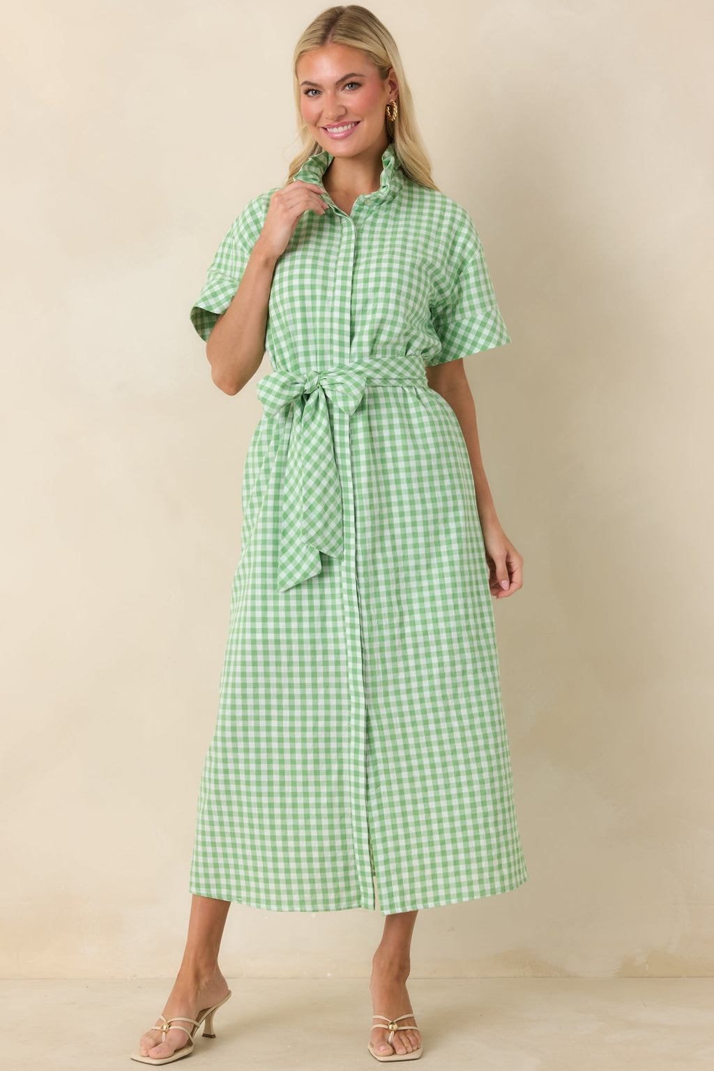Check Me Out Green Gingham Ruffle Collar Belted Maxi Dress