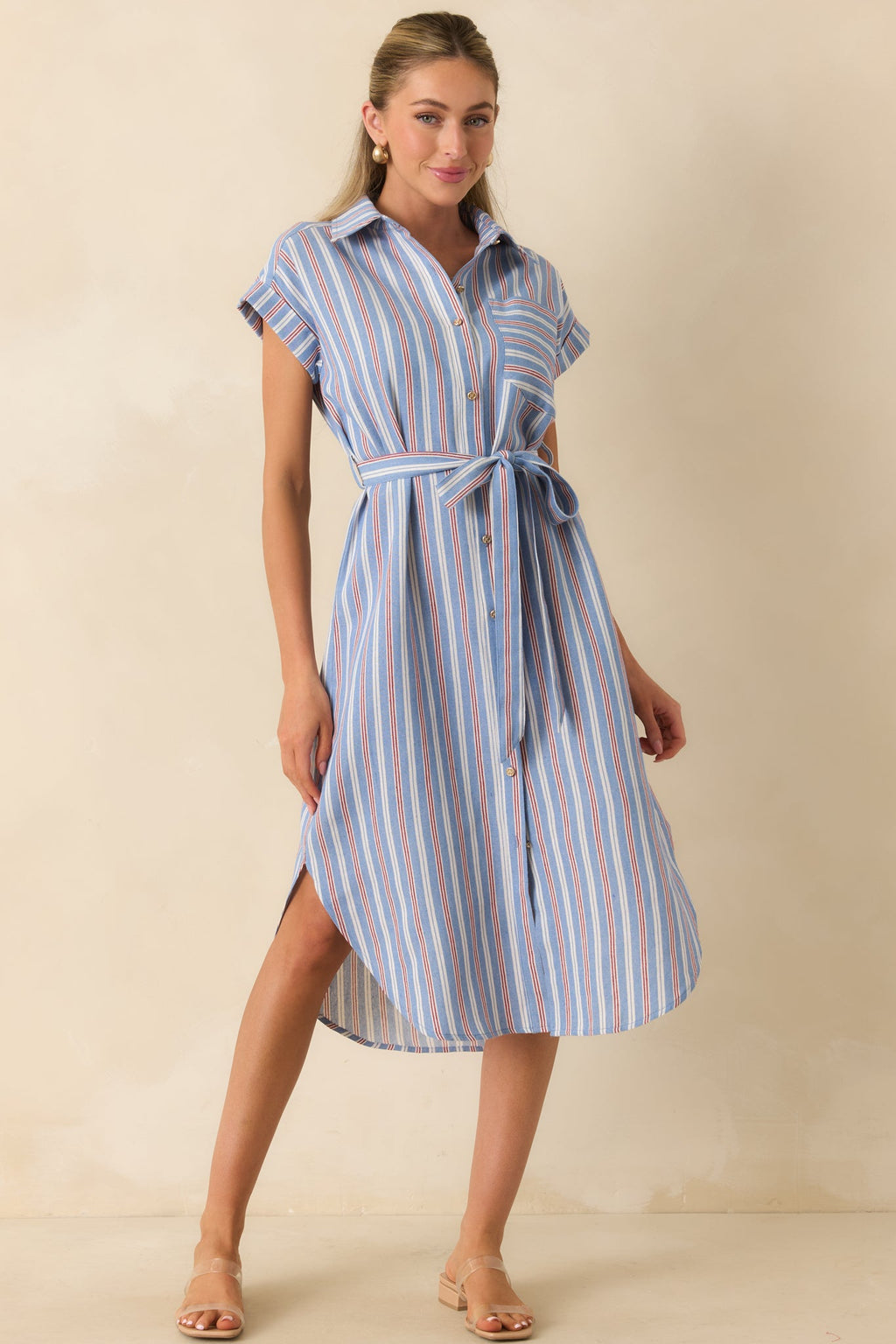 Prosperina Jules Blue & Red Stripe Cotton Midi Shirt Dress