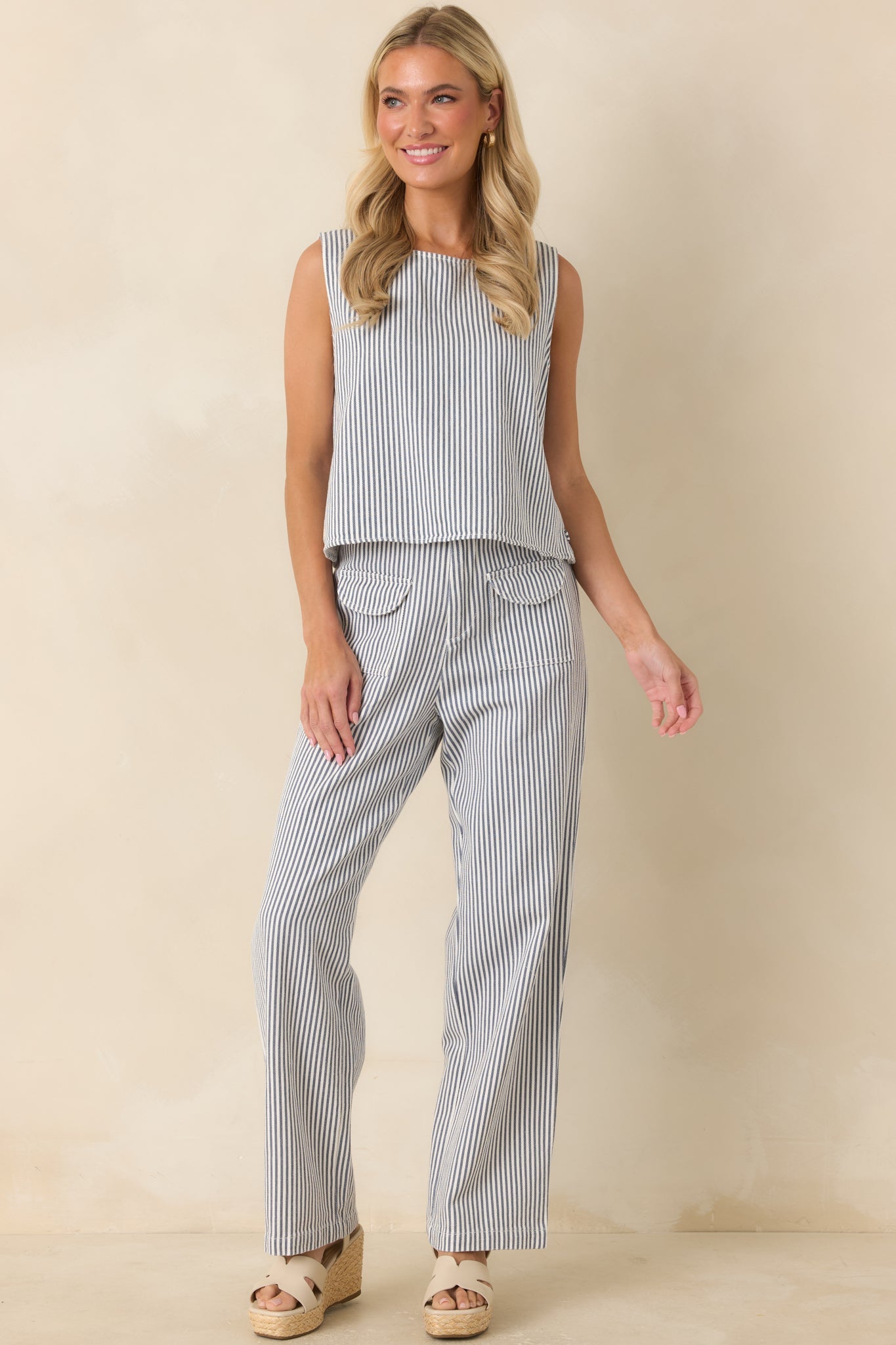 Ticket to Anywhere Blue Stripe Cotton Blend Sleeveless Top