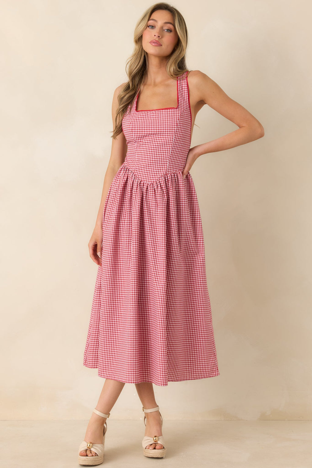 Just Because I Can Red Gingham Open Back Tie Maxi Dress