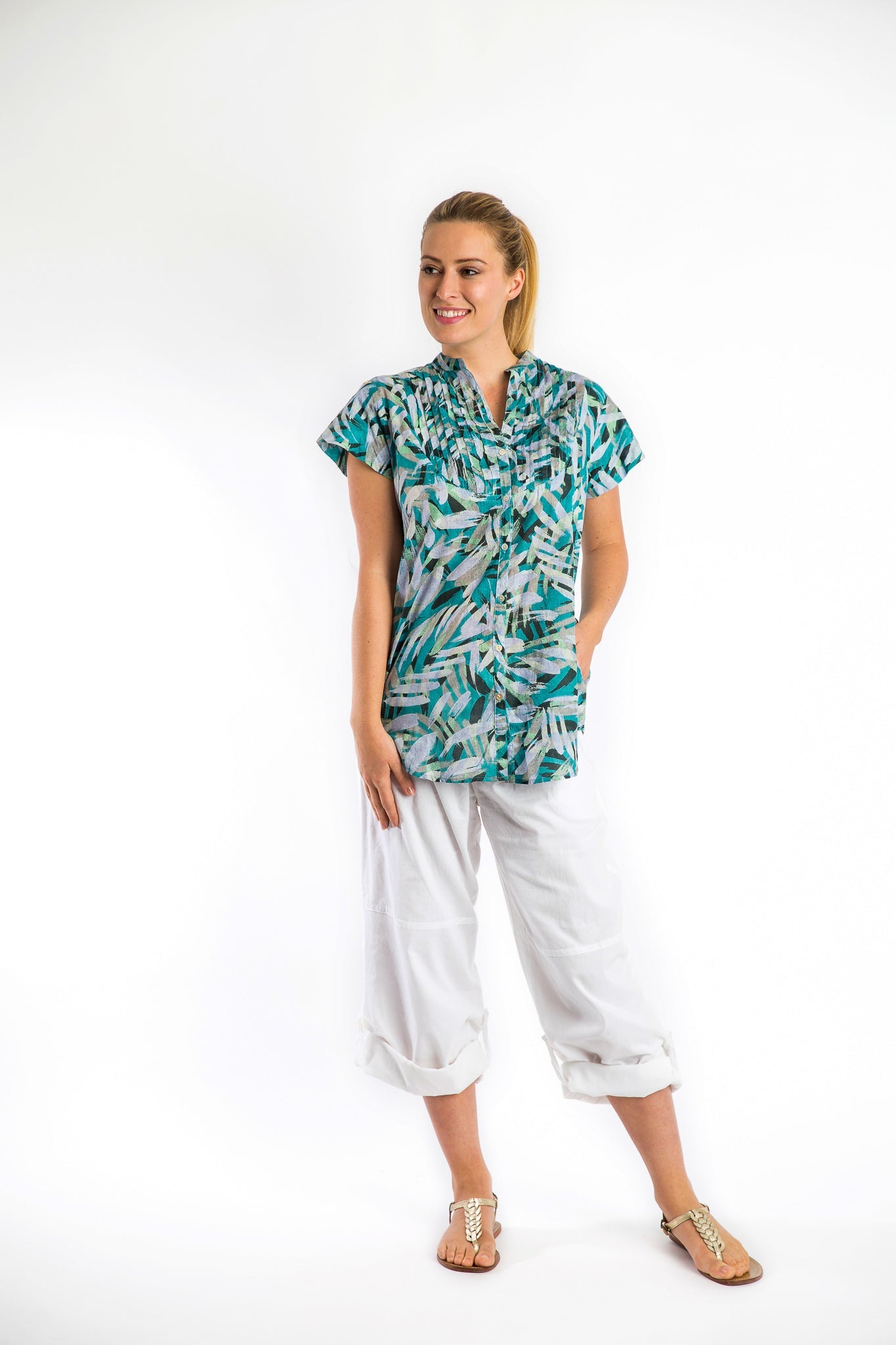 Magnetic Cap Sleeve Shirt in Turquoise Brush
