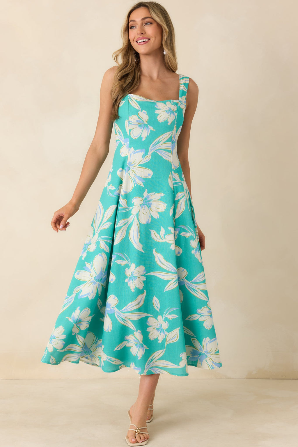 Laguna Bloom Turquoise Multi Floral Sleeveless Midi Dress
