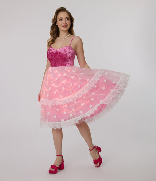 Barbie x Unique Vintage 1980s Pink Light Up Dream Glow Swing Dress