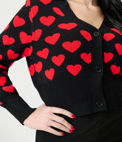 Black & Red Heart Cropped Cardigan