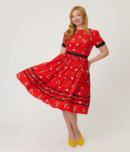 Disney Mickey & Friends Collection by Unique Vintage Red Mickey Print Swing Dress