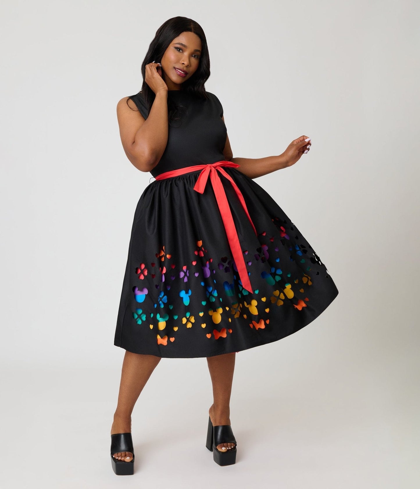 Disney Pride Collection by Unique Vintage Plus Size Black & Rainbow Stripe Mickey Cutout Swing Dress