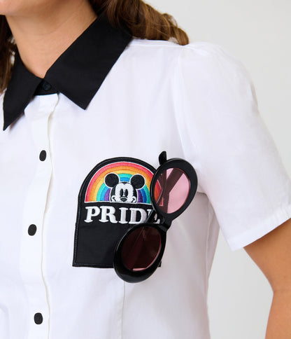 Disney Pride Collection by Unique Vintage White Mickey Rainbow Pocket Collared Blouse