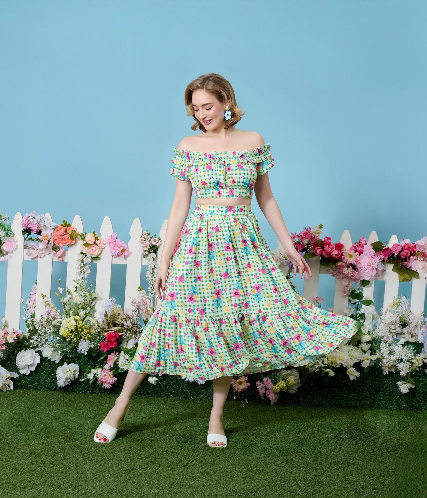 Disney Princess Collection by Unique Vintage Green Gingham Tiered Midi Skirt
