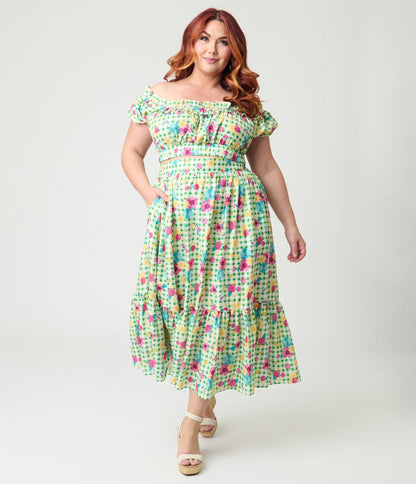 Disney Princess Collection by Unique Vintage Plus Size Green Gingham Ruffle Up Crop Top