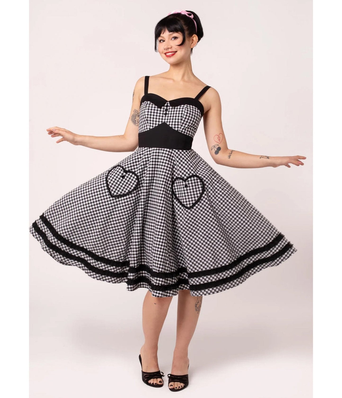 Hell Bunny Black Gingham Heart Pocket Swing Dress