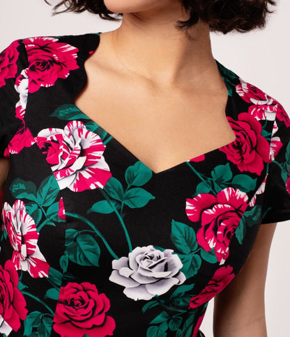 Hell Bunny Black & Painted Roses Swing Dress
