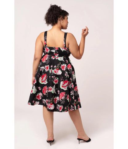 Hell Bunny Plus Size Black & Red Floral Sweetheart Swing Dress