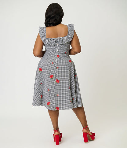 Magnolia Place Plus Size Black Gingham & Red Rose Embroidered  Barbara Swing Dress