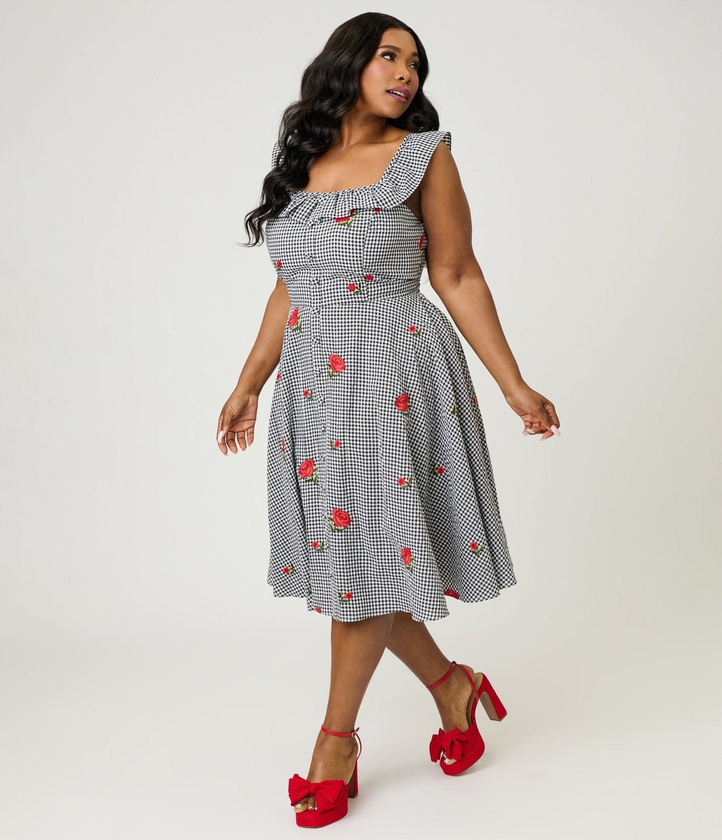 Magnolia Place Plus Size Black Gingham & Red Rose Embroidered  Barbara Swing Dress