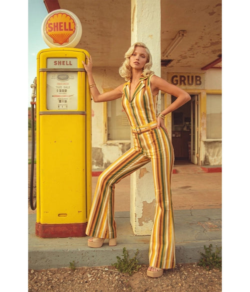 Mustard Striped Denim Belted Jumpsuit