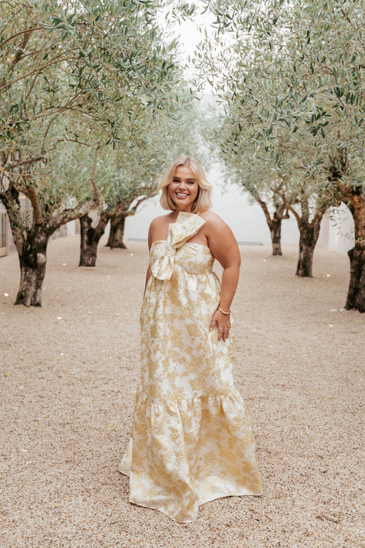 Betina Bow Front Maxi Dress - Yellow Brocade