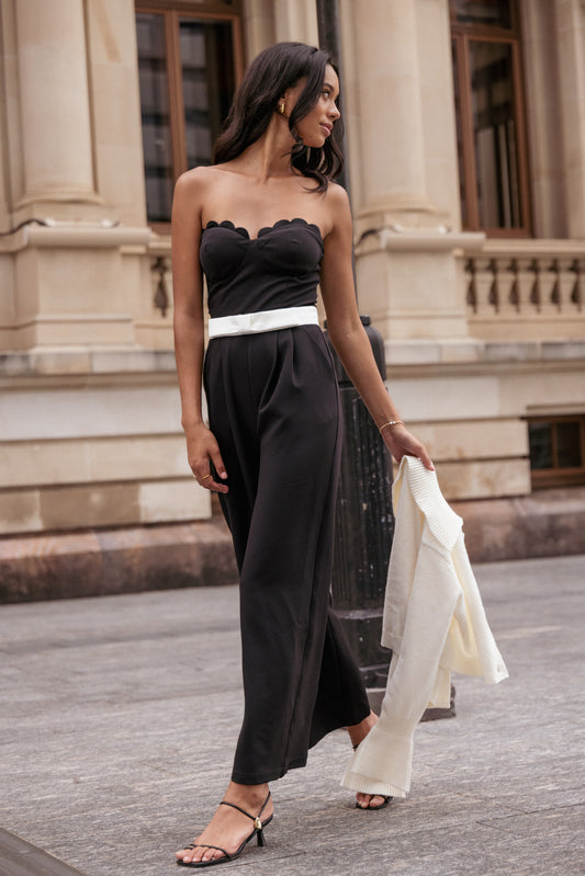 Elaria Scalloped Belted Jumpsuit - Black