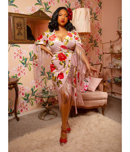 Pink Floral Fringed Magdalena Velvet Wrap Dress